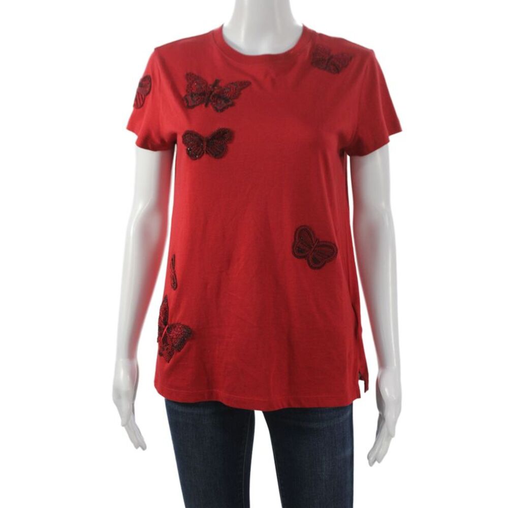 Valentino Womens Red Tunic T-Shirt Short Sleeve Round Neck Butterfly Size S